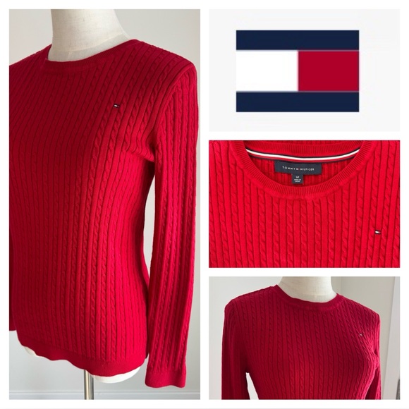 Tommy Hilfiger Sweaters - Tommy Hilfiger Women's Red Crew Neck Cable Knit Sweater, Size Small